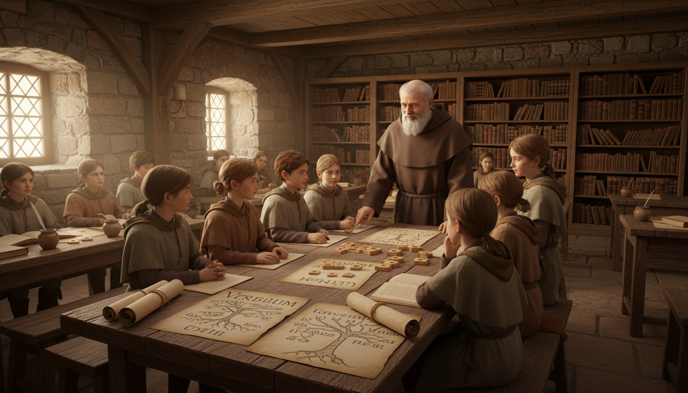 découvrez comment les jeux de grammaire latine étaient intégrés dans l'enseignement médiéval pour faciliter l'apprentissage de la langue et rendre l'étude plus interactive et ludique.