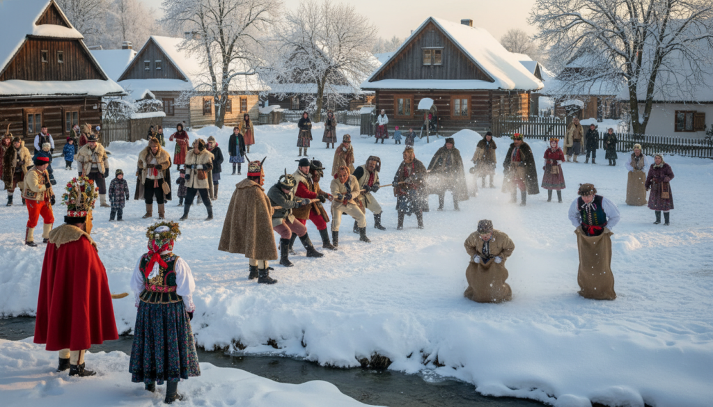 découvrez les jeux d'hiver traditionnels du masopust, le carnaval tchèque, et plongez dans les fêtes colorées, les coutumes ancestrales et les réjouissances populaires qui célèbrent l'arrivée du printemps.