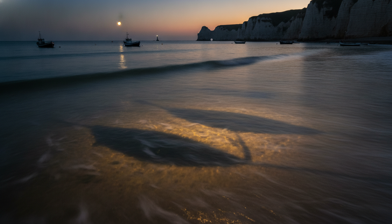 découvrez une danse lumineuse envoûtante et des ombres mystérieuses qui se déploient au large des côtes de fécamp, révélant un spectacle naturel fascinant entre lumière et obscurité.