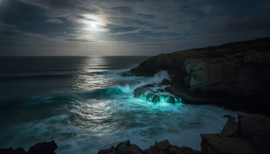 découvrez un spectacle envoûtant de danse lumineuse et d'ombres mystérieuses au large des côtes de fécamp, un moment magique entre art et nature.